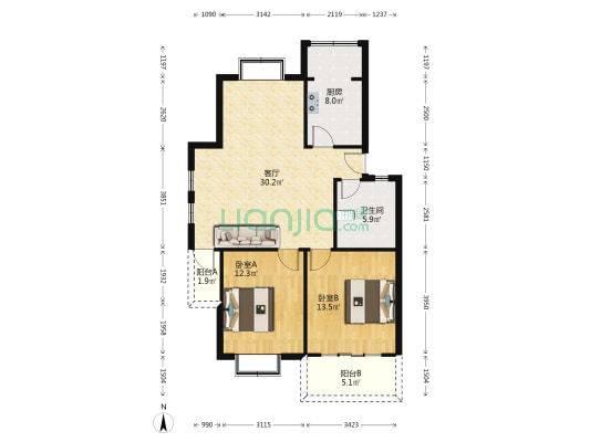仰口花园 2室1厅1卫 89平方