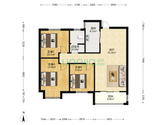 恒业华府 3室1厅1卫 104平方