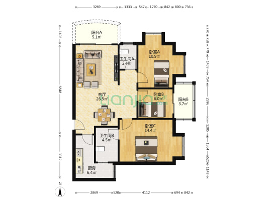 信达大厦 3室1厅2卫 104平方
