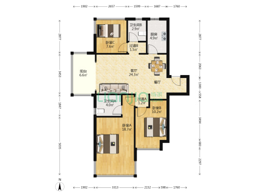 招商公园1872一期 3室1厅2卫 107平方