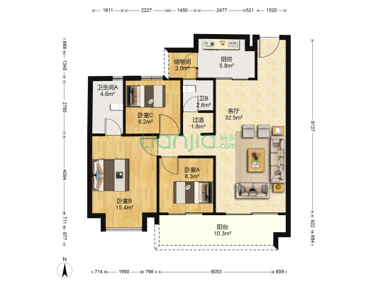 碧桂园天誉 3室1厅2卫 115平方