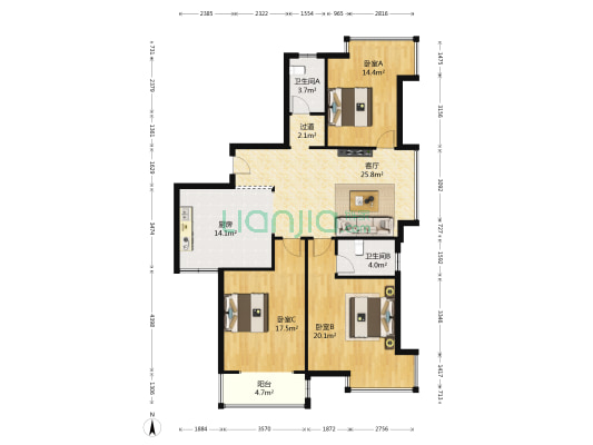 香苑西园 3室1厅2卫 134平方