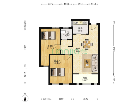 金地家园福邸 2室1厅1卫 89平方