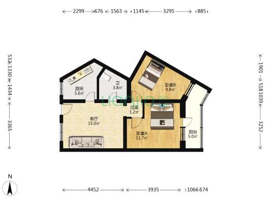 文联宿舍 2室1厅1卫 69平方