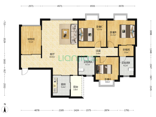 川东明珠 3室1厅2卫 126平方