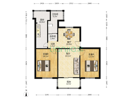 电大宿舍 2室2厅2卫 86平方