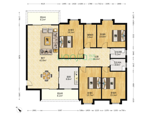 恒丰华庭 4室1厅2卫 196平方