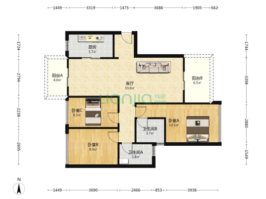 万科中天金域世家二期 3室1厅2卫 101平方