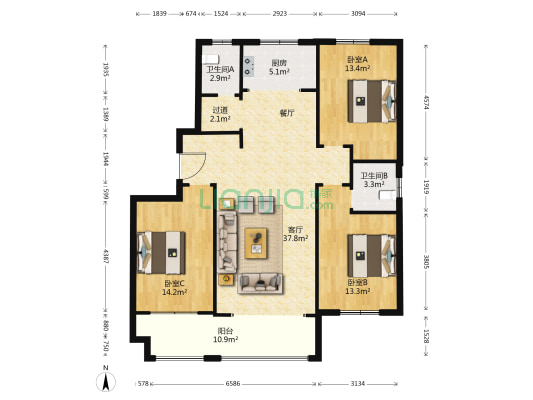 承明广场 3室1厅2卫 143平方