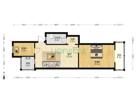三元公寓 2室1厅1卫 72平方