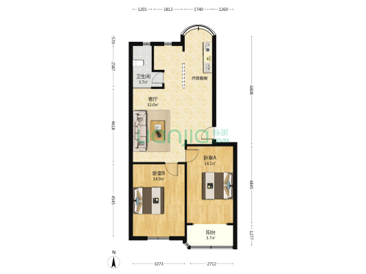 溢发公寓 2室1厅1卫 80平方