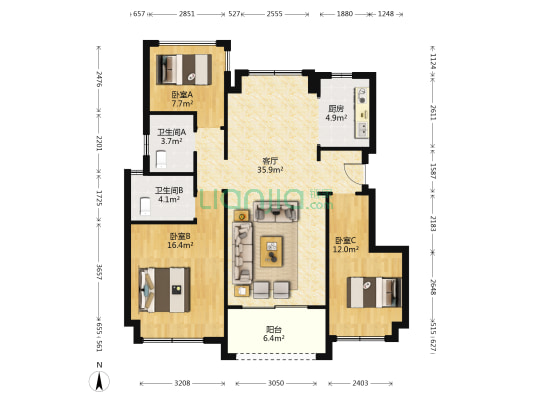 远洋风景名邸 3室1厅2卫 104平方