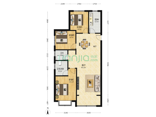 兰石豪布斯卡瑢园 3室1厅2卫 126平方