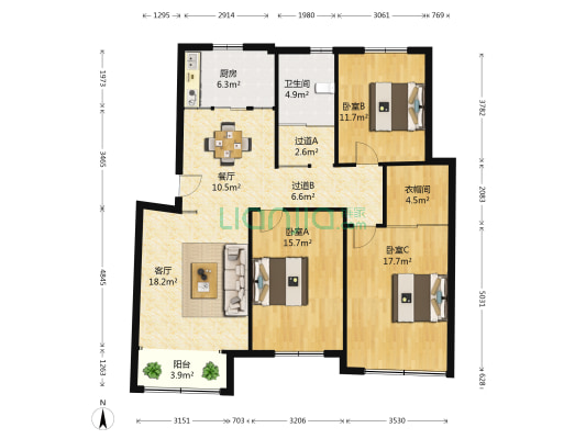 东城蓝湾 3室2厅1卫 120平方