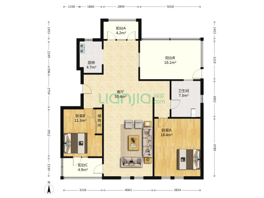 绿城理想之城-御园B区 2室1厅1卫 117平方