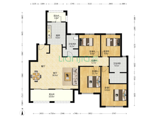 康桥香溪郡6号院 4室1厅2卫 152平方
