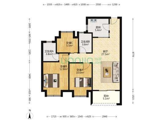 德信江南大院 3室2厅2卫 100平方