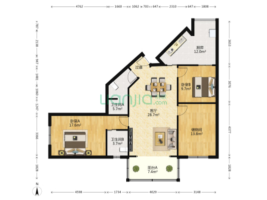 新南路101号 2室1厅2卫 120平方
