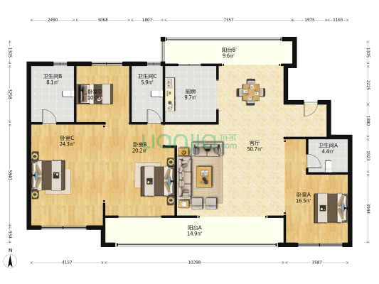 青特悦海府 4室1厅3卫 196平方