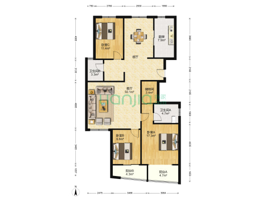 长安新都市 3室1厅2卫 148平方