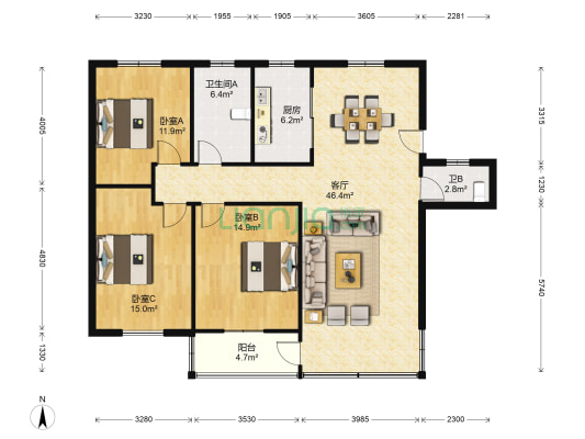 荷叶公寓 3室1厅2卫 124平方