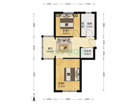 小河路1号 2室1厅1卫 52平方