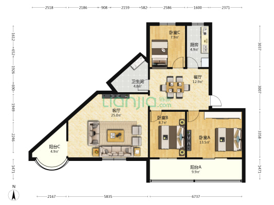 消防队宿舍 3室2厅1卫 109平方