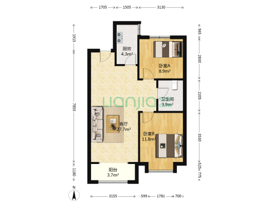 两居南北通透 房龄新 一梯两户布局 总价低 业主靠谱-户型图