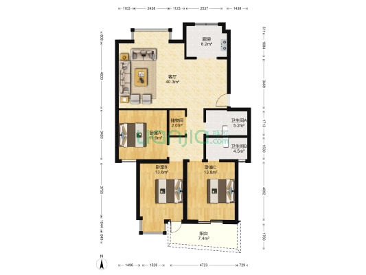 嘉景嘉园 3室1厅2卫 122平方