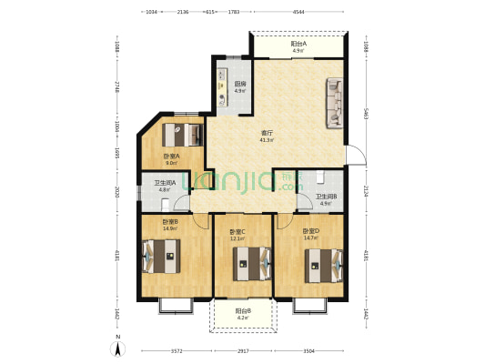 敖水绿洲 4室1厅2卫 140平方