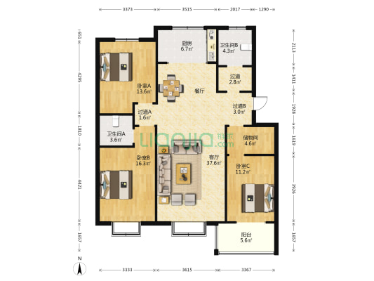 晨辉帝都城 3室1厅2卫 137平方
