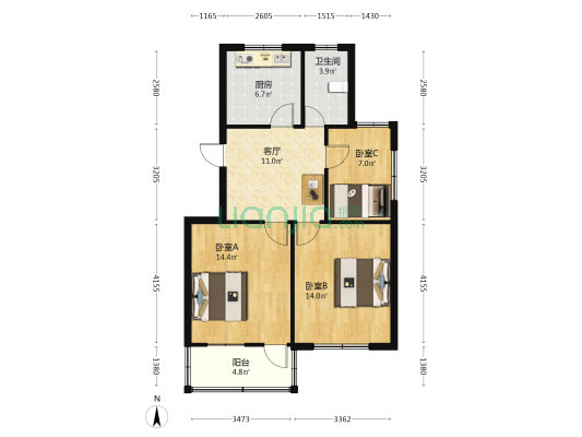 东方花园 3室1厅1卫 77平方
