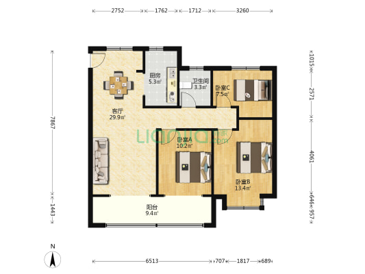 翡翠壹号 3室1厅1卫 107平方