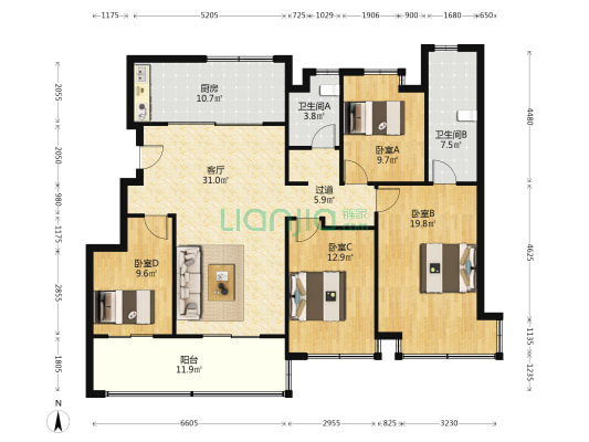 卓越中心 4室1厅2卫 145平方