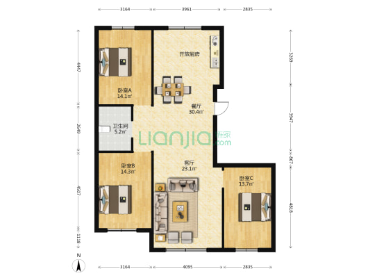 新城雅居A区 3室2厅1卫 135平方