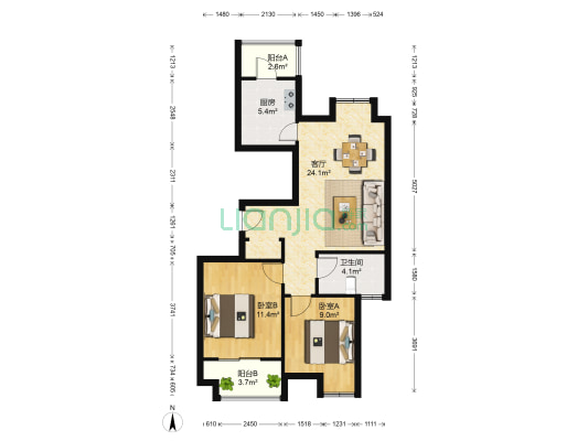 同和嘉苑南区 2室1厅1卫 88平方