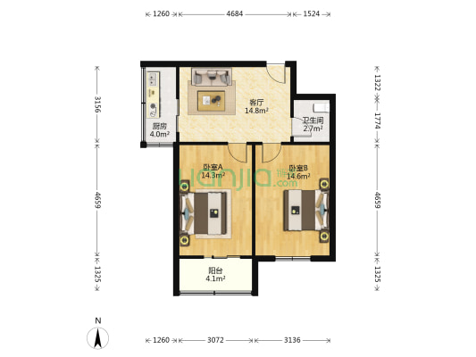 西七路536号 2室1厅1卫 65平方