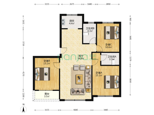 苏宁悦兰湾 3室1厅2卫 123平方
