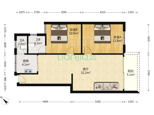 赤岗路 2室1厅2卫 75平方