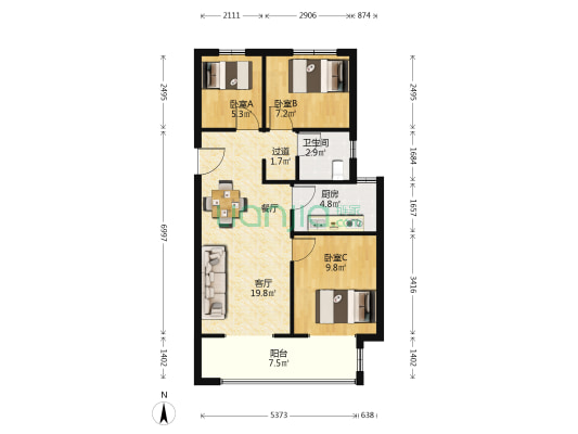 凯旋门 3室1厅1卫 87平方