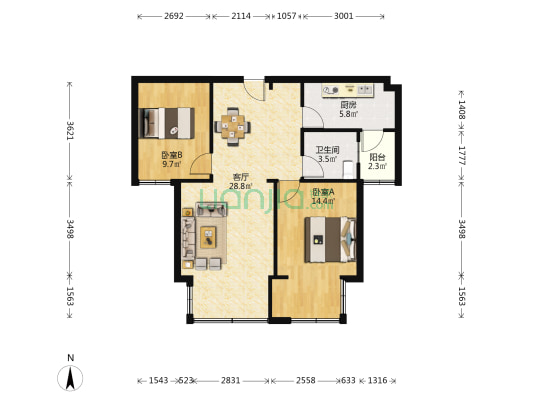 舜大春江花月西区 2室1厅1卫 90平方