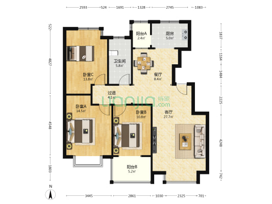 莱禧龙筑小区 3室2厅1卫 120平方