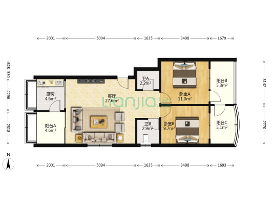 联发小区 2室1厅2卫 94平方