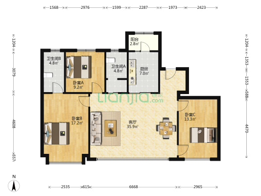 招商臻观府 3室1厅2卫 139平方