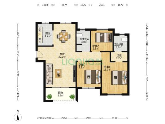 东润玺城三期 3室1厅2卫 111平方