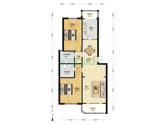 梅园邨 2室2厅2卫 109平方