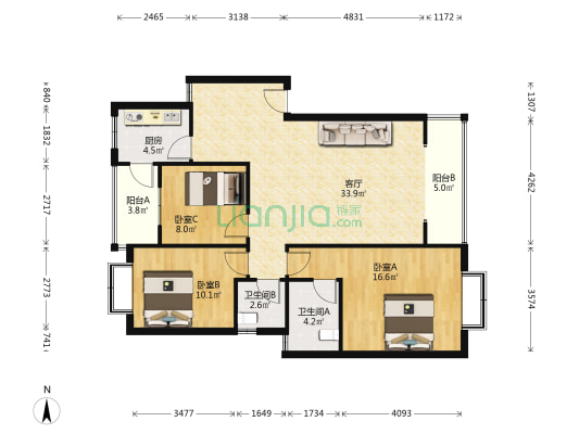 绣川新城 3室1厅2卫 105平方