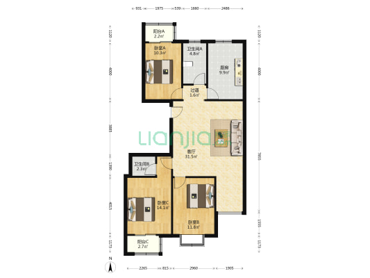 东方泽龙 3室1厅2卫 116平方