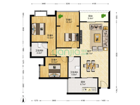 学府锦园 3室1厅2卫 118平方