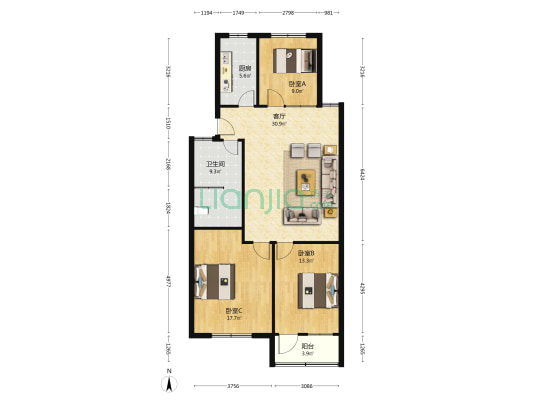 教师新村 3室1厅1卫 108平方